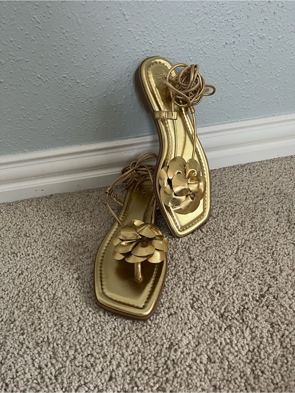 INC International Concepts Metallic Gold Floral Toe-Post Sandals with Ankle Wrap